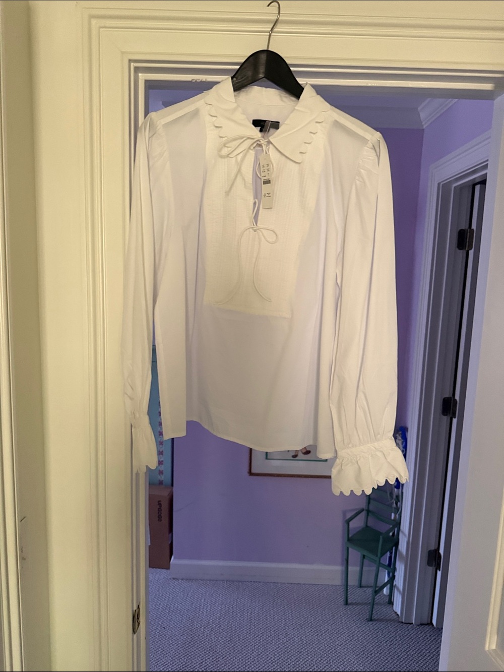 J. Crew White Scalloped Collar Tie-Neck Pintuck Blouse